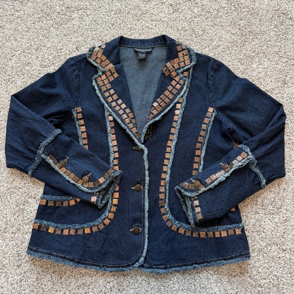 Vintage Style Studded Denim Jacket Chez Vouzde France Boho Western Large